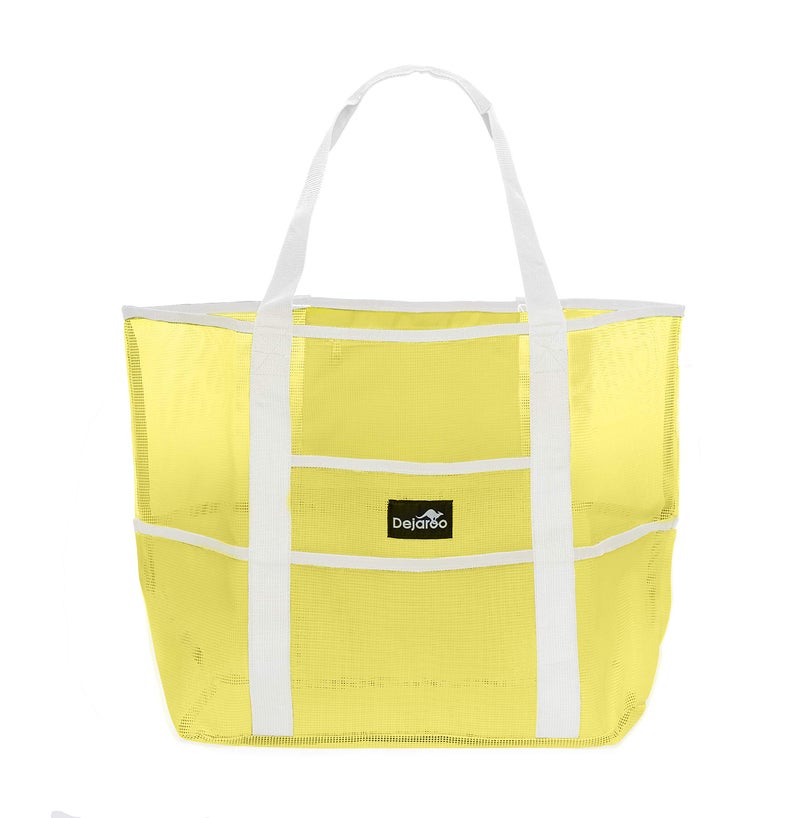 Dejaroo - Sand Free Mesh Bag - Strong Lightweight Tote For Beach & Vacation Essentials. Tons of Storage with 8 Pockets, Foldable, 17x9x15 inches, Yellow with White Straps - Image 1